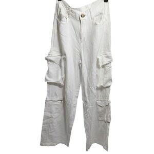 Urban Outfitters White Linen Cargo Pants Wide Leg Utility Trousers Womens XS‎
